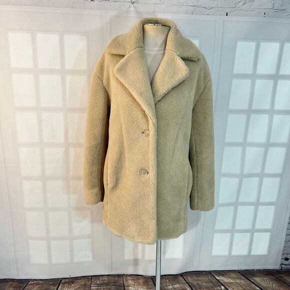 & Other Stories Cream Notch Lapel Mid Length Teddy Pea Coat Size 2 - Picture 1 of 10